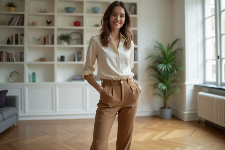 Femme portant un pantalon taille haute camel sans ceinture avec une blouse en soie rentrée dans l'appartement parisien moderne