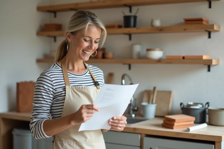 Femme consultant une liste de rénovation dans une cuisine en cours d'amélioration avec matériaux de construction et swatches de couleurs
