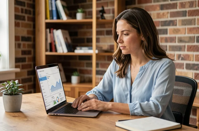 Femme travaillant sur son site web avec des analytics affichés sur un ordinateur portable dans un bureau moderne