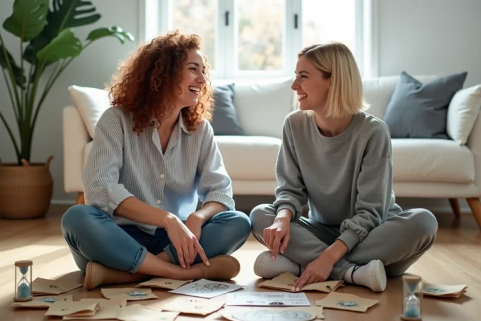 Deux femmes jouant à un escape game à domicile entourées d'indices et d'énigmes sur le sol
