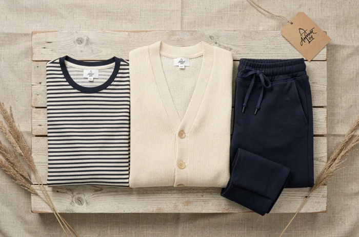 Flat-lay de la collection Armor Lux Intermarché 2026 avec marinière rayée, cardigan en laine écru et jogging marine sur fond bois clair