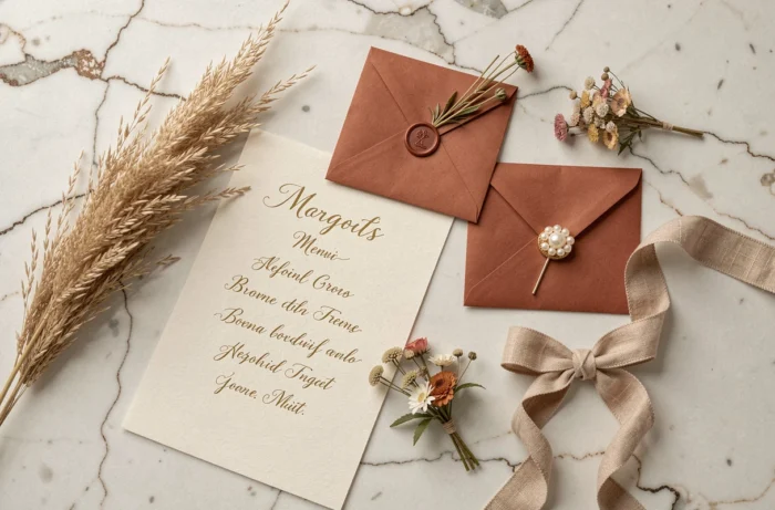 Flat lay de détails de décoration de mariage sur marbre blanc avec menu calligraphié, herbe de pampa et ruban de lin