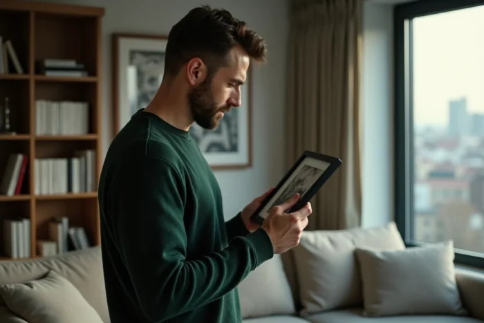 Homme tenant une photo encadrée dans son appartement, exprimant une émotion nostalgique et personnelle