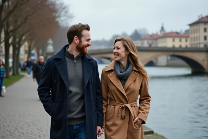 Couple marchant sur les quais en automne, partageant un moment complice et détendu
