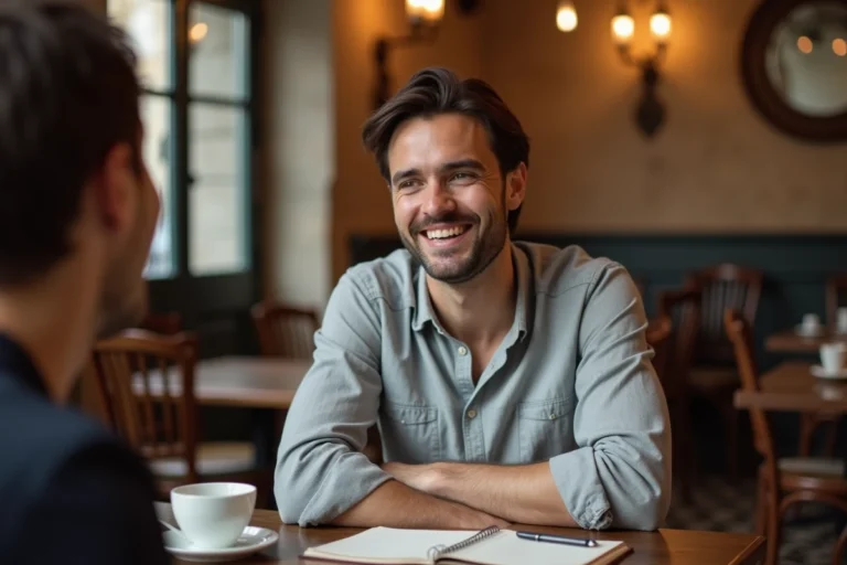 Homme souriant dans un café parisien évoquant une conversation intime avec un proche