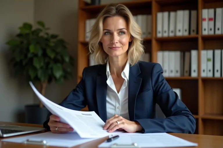 Notaire ou conseillère immobilière examinant un formulaire cerfa de relevé hypothécaire dans un bureau professionnel