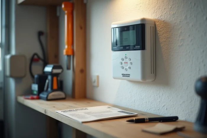 Gros plan d'un système d'alarme sans fil fixé au mur avec manuel d'installation, représentant le cycle de vie et l'amortissement d'une alarme