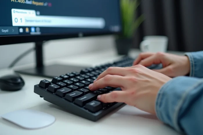 Gros plan sur des mains tapant sur un clavier avec une erreur 400 affichée à l'écran lors de l'accès à e-habillement