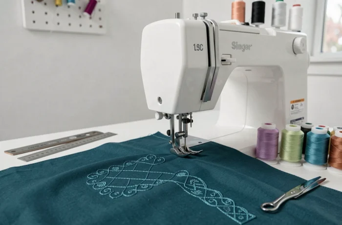 Gros plan sur la tête de couture et les points décoratifs d'une machine à coudre Singer Decorative sur une table blanche