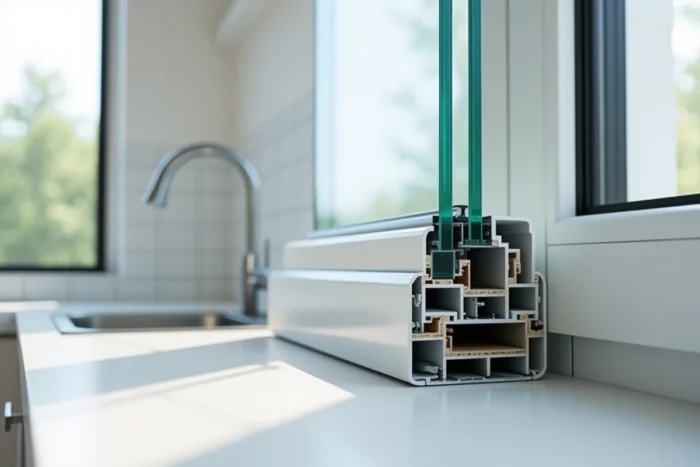 Gros plan sur la tranche d'une fenêtre à double vitrage montrant les deux vitrages, l'intercalaire et la lame d'air pour vérification technique