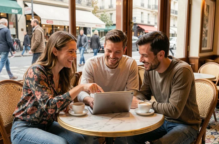 Groupe d'amis français amusés autour d'une tablette dans un café parisien animé regardant du contenu humoristique en ligne