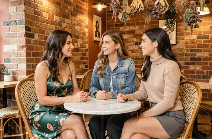 Trois jeunes femmes portant des vêtements FB Sister dans un café parisien tendance