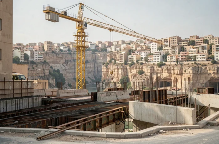Grande grue de chantier dominant les travaux d'infrastructure urbaine au-dessus des gorges du Rhumel à Constantine