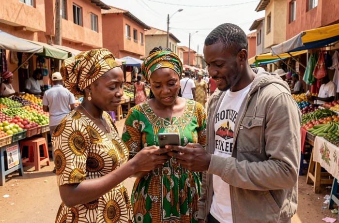 Habitants burkinabè consultant l'actualité sur smartphone dans un marché de Bobo-Dioulasso
