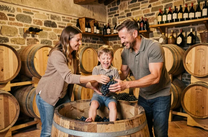 Famille foulant le raisin ensemble lors d'une activité oenotouristique au Hameau Dubœuf