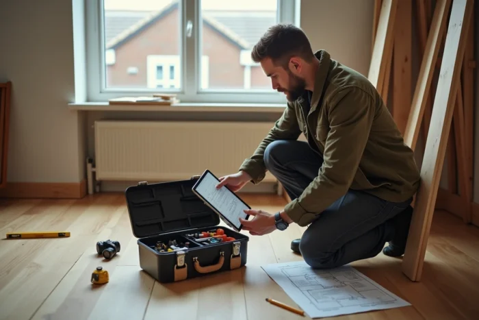 Homme consultant un guide de bricolage sur tablette pour poser un parquet en bois dans un salon en rénovation