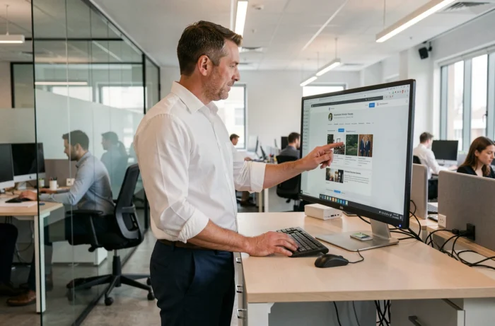 Homme debout devant un grand écran optimisant la présence en ligne de son entreprise dans un bureau professionnel