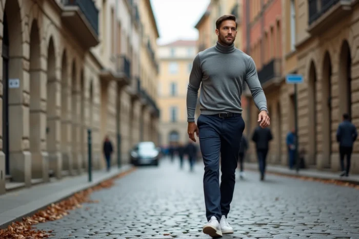 Homme en chino marine sans ceinture marchant dans une rue pavée européenne en automne avec style décontracté