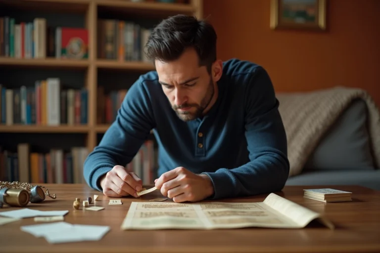 Homme concentré jouant à un escape game à domicile avec des indices et un cadenas sur une table en bois