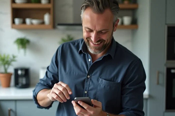 Homme consultant une facture Carrefour dématérialisée sur son smartphone dans une cuisine moderne