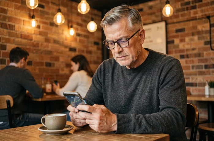 Homme mature consultant une application d'investissement boursier sur son smartphone dans un café