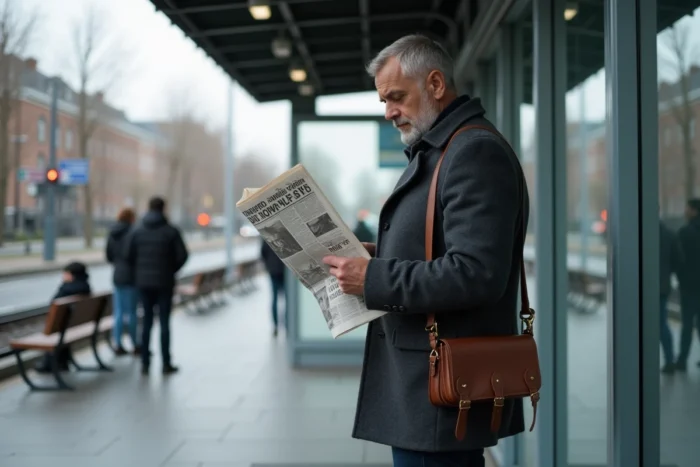 Homme lisant un journal papier dans un environnement de transport urbain en ville