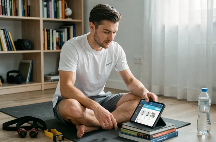 Homme consultant un programme de fitness en ligne sur tablette dans un espace d'entraînement à domicile