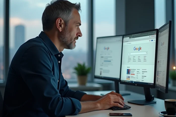 Homme recherchant la nouvelle adresse d'un site web sur un ordinateur de bureau avec plusieurs onglets ouverts dans un navigateur