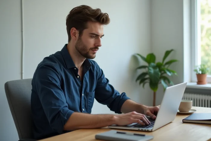 Homme parcourant une boutique de mode en ligne sur son ordinateur portable depuis son bureau à domicile