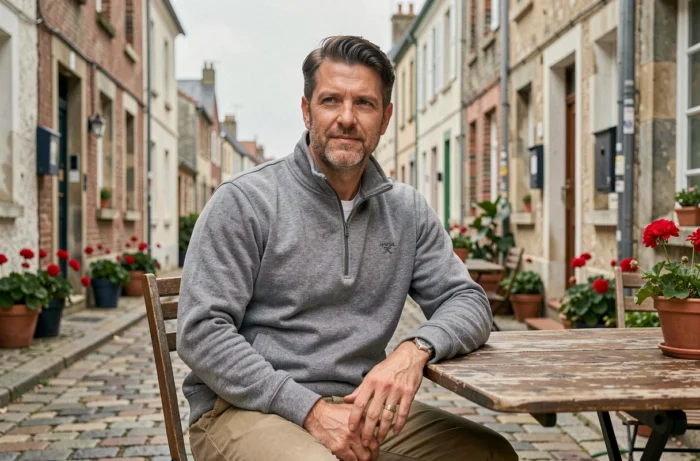 Homme en sweat-shirt Armor Lux gris chiné assis en terrasse dans un village côtier breton, collection Intermarché 2026