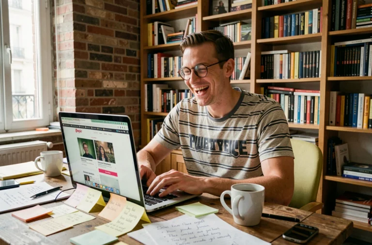 Jeune homme parisien riant devant son ordinateur portable entouré de scripts d'humour et de tasses à café dans un appartement vintage
