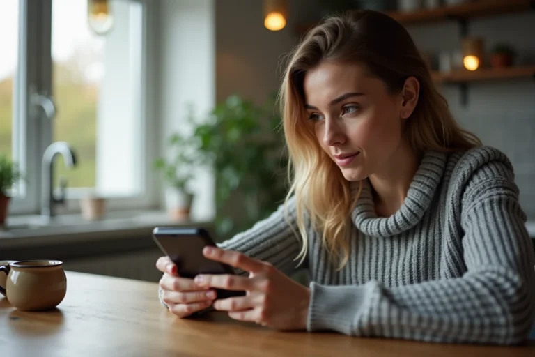 Femme consultant son smartphone pour identifier un numéro de téléphone inconnu dans une cuisine moderne