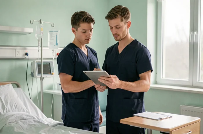 Infirmier consultant Netsoins sur tablette au chevet d'un patient dans une chambre d'hôpital moderne