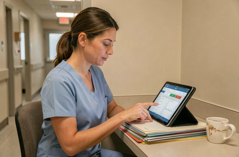 Infirmière utilisant une tablette pour consulter l'application Netsoins lors d'une pause dans une salle de repos hospitalière