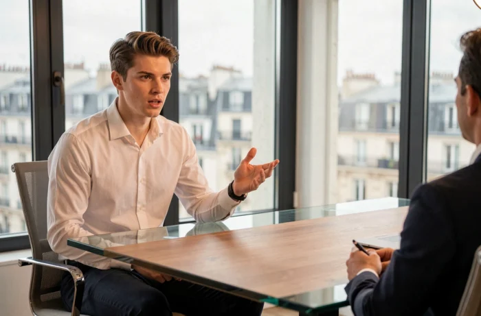 Influenceur numérique français interviewé dans un bureau de production médiatique moderne à Paris