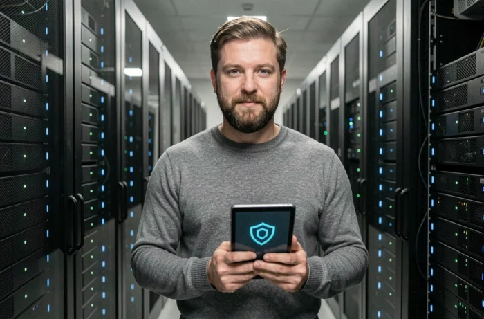 Ingénieur informatique dans une salle de serveurs tenant une tablette affichant des solutions de protection des données