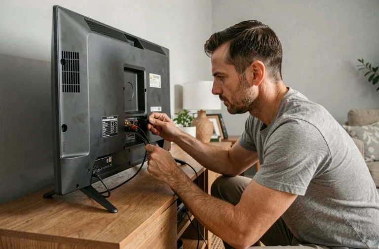 Homme inspectant les câbles et ports d'une TV Samsung pour résoudre un problème de connexion wifi
