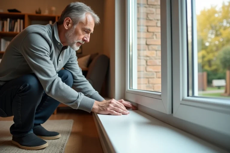 Homme inspectant le joint d'une fenêtre à double vitrage dans un salon moderne pour vérifier sa conformité réglementaire
