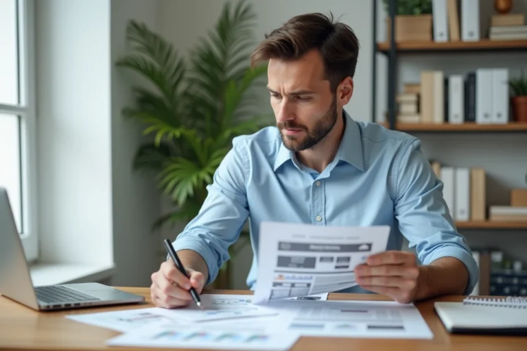 Homme consultant des documents immobiliers et un ordinateur portable pour investir sans apport