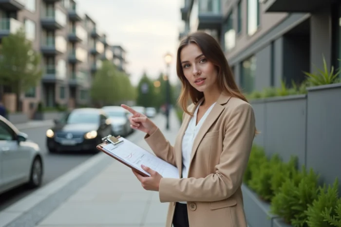 Femme agent immobilier évaluant un immeuble pour un investissement locatif sans capital initial