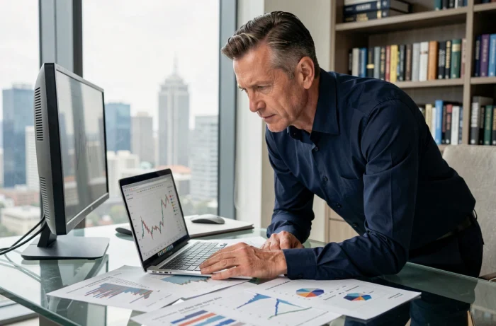 Investisseur analysant des graphiques boursiers sur un bureau moderne avec vue sur la ville