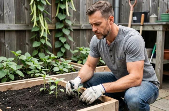 Homme transplantant des jeunes plants dans un potager surélevé en bois avec un jardin potager organisé en arrière-plan