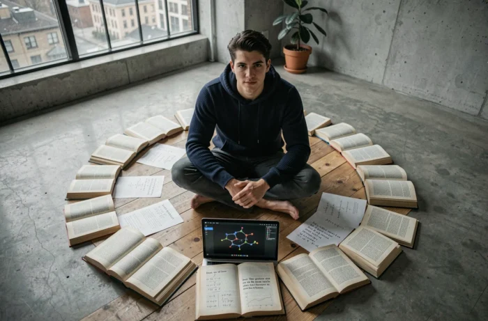 Jeune chercheur entouré de livres scientifiques et philosophiques dans une salle d'étude moderne, représentant la quête des grandes questions de l'humanité
