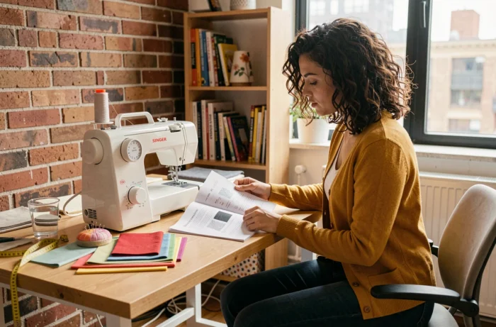 Jeune femme consultant le manuel d'utilisation de sa machine à coudre Singer Decorative dans un appartement moderne