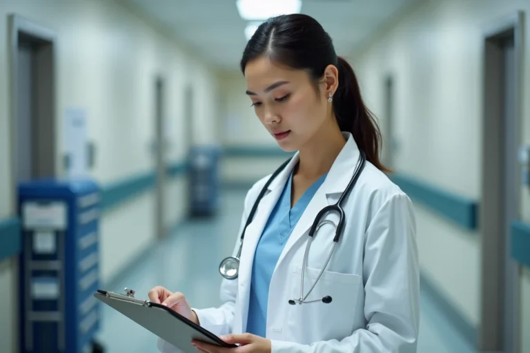 Jeune femme médecin en blouse blanche consultant ses notes dans un couloir d'hôpital, illustrant le parcours pour devenir médecin