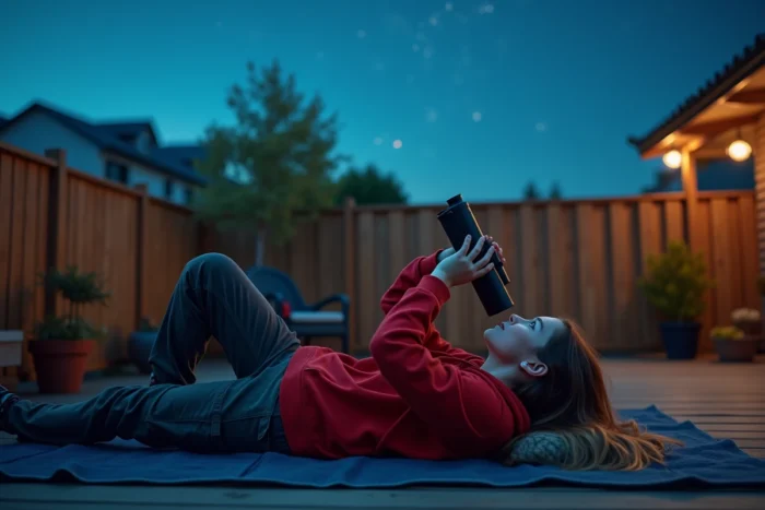 Jeune adolescente allongée dans un jardin avec des jumelles pour observer les constellations lors d'une nuit d'été