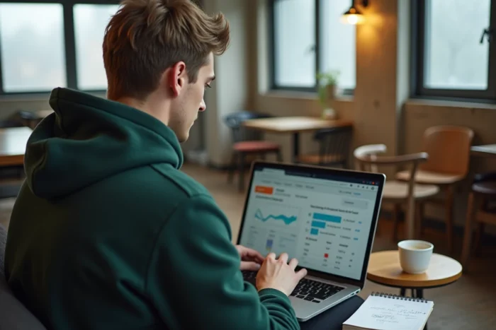 Jeune homme travaillant sur un outil SEO en ligne dans un espace de coworking décontracté