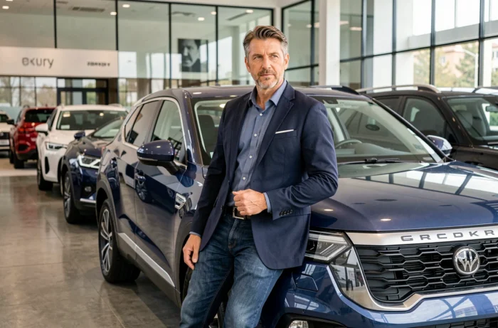 Journaliste automobile masculin appuyé contre un SUV dans un showroom moderne avec plusieurs modèles en arrière-plan