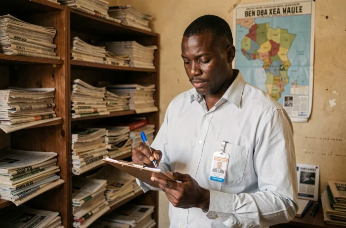 Journaliste burkinabè dans une salle de rédaction à Ouagadougou consultant ses notes sur l'actualité locale