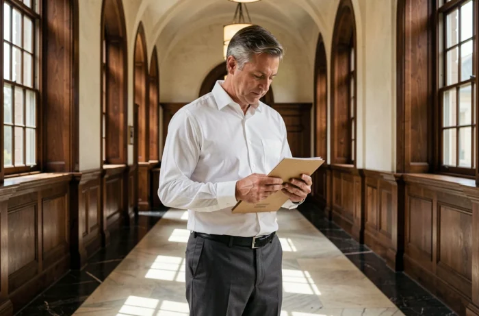 Juriste dans un couloir de palais de justice consultant ses documents sur les avantages individuels acquis en droit du travail